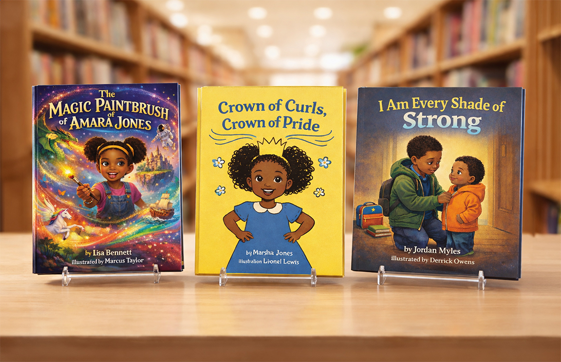 Three children's books displayed on a table in a library